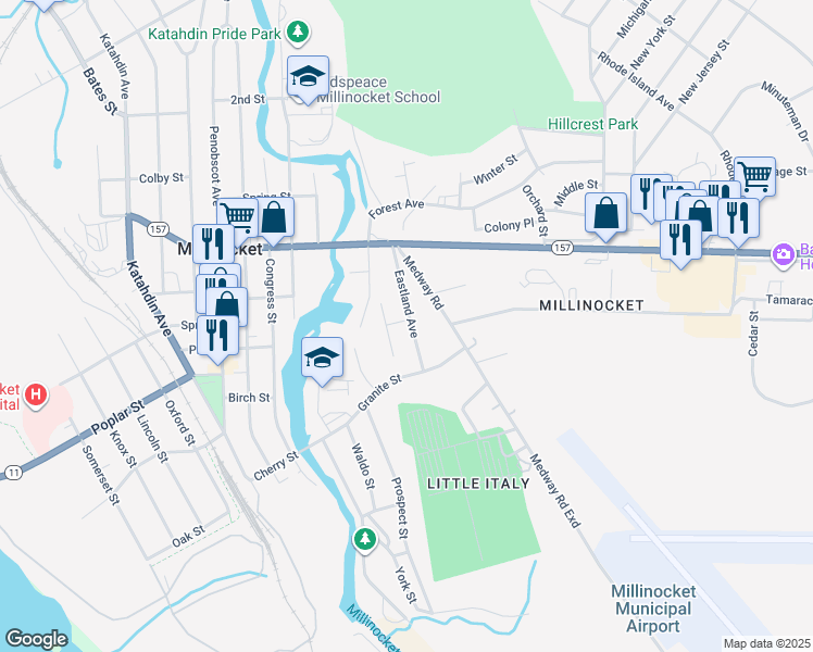 map of restaurants, bars, coffee shops, grocery stores, and more near 41 Eastland Avenue in Millinocket