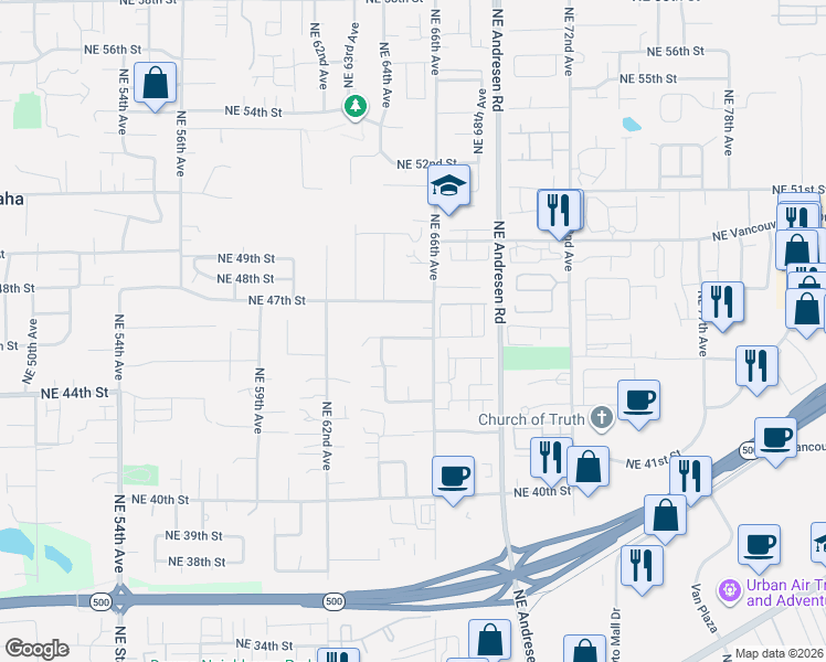 map of restaurants, bars, coffee shops, grocery stores, and more near 6506 Northeast 45th Way in Vancouver