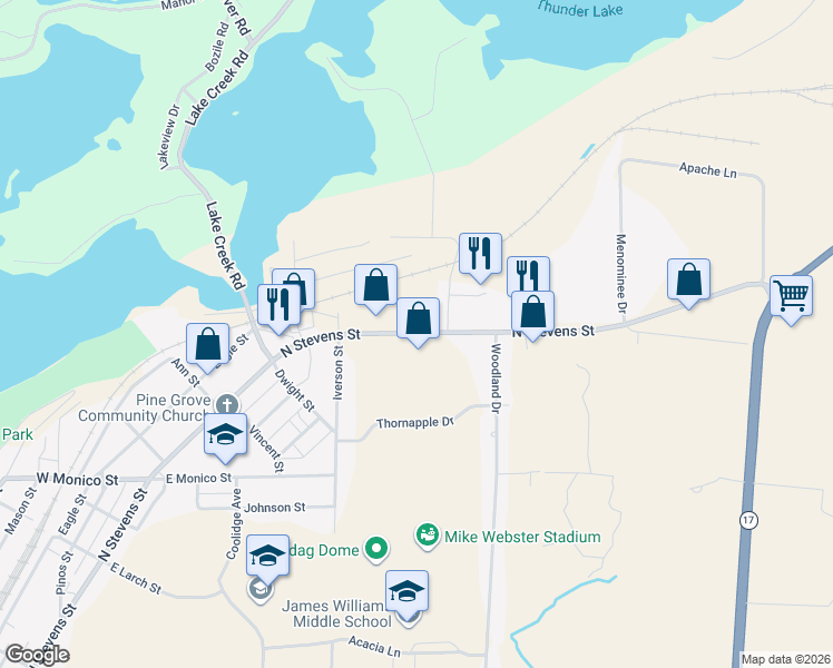 map of restaurants, bars, coffee shops, grocery stores, and more near 1742 North Stevens Street in Rhinelander