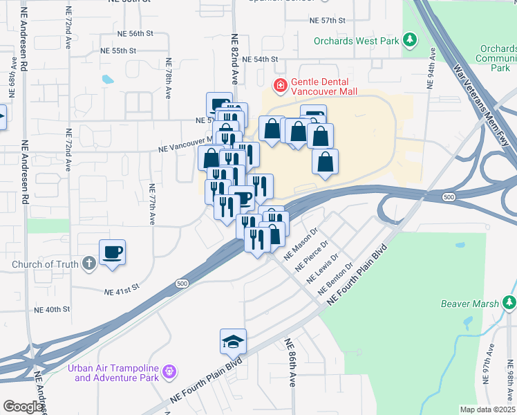 map of restaurants, bars, coffee shops, grocery stores, and more near 8301-8723 Northeast Vancouver Mall Drive in Vancouver