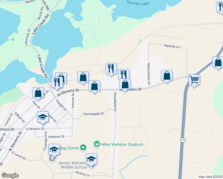 map of restaurants, bars, coffee shops, grocery stores, and more near 1823 North Stevens Street in Rhinelander