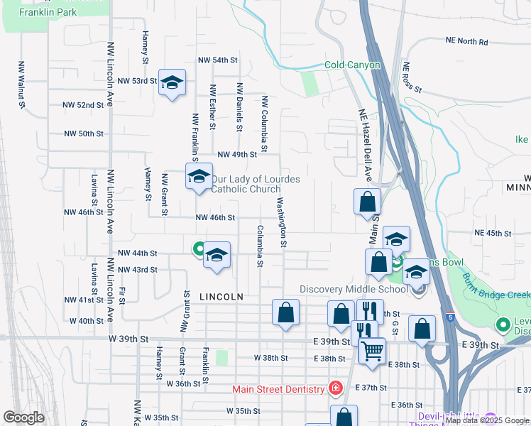 map of restaurants, bars, coffee shops, grocery stores, and more near 4601 Northwest Columbia Street in Vancouver