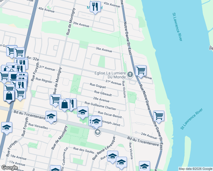 map of restaurants, bars, coffee shops, grocery stores, and more near 141 Rue Goguet in Montréal