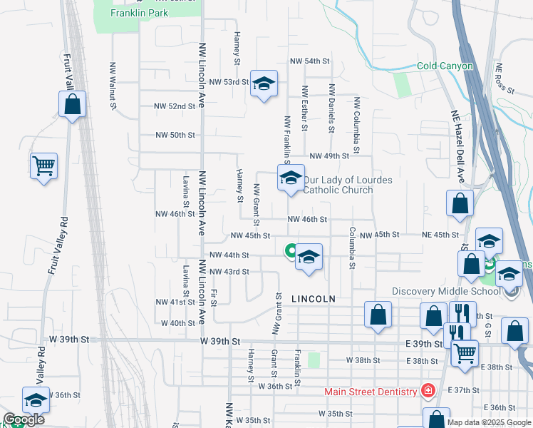 map of restaurants, bars, coffee shops, grocery stores, and more near 4603 Northwest Grant Street in Vancouver