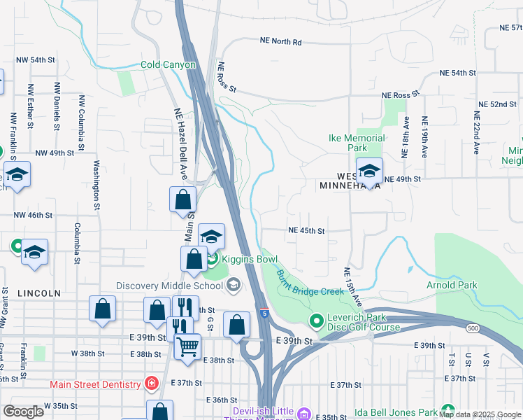 map of restaurants, bars, coffee shops, grocery stores, and more near 4600 Northeast Leverich Court in Vancouver