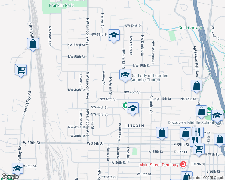 map of restaurants, bars, coffee shops, grocery stores, and more near 4603 Northwest Grant Street in Vancouver