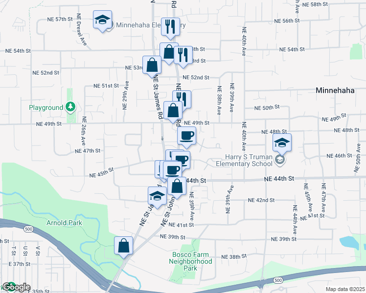 map of restaurants, bars, coffee shops, grocery stores, and more near 4613 Northeast Saint Johns Road in Vancouver