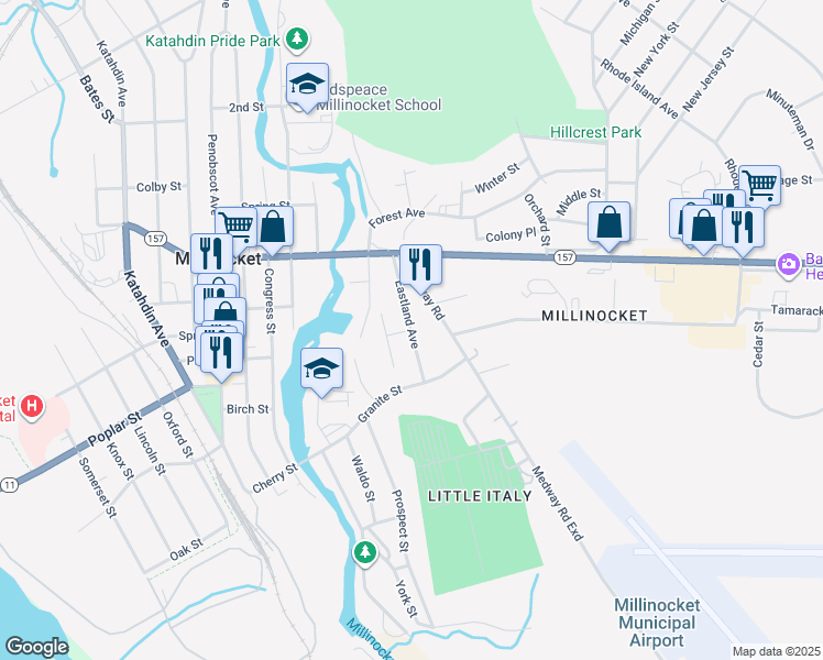 map of restaurants, bars, coffee shops, grocery stores, and more near 41 Eastland Avenue in Millinocket