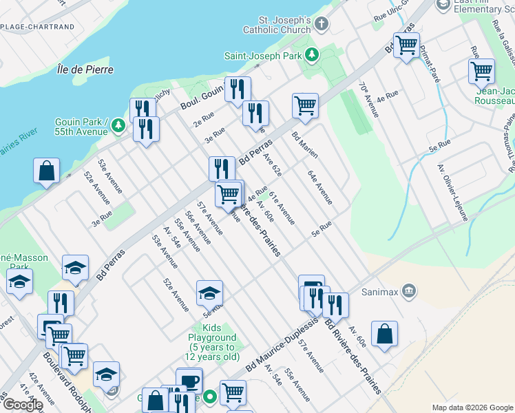 map of restaurants, bars, coffee shops, grocery stores, and more near 12370 Avenue 60e in Montréal