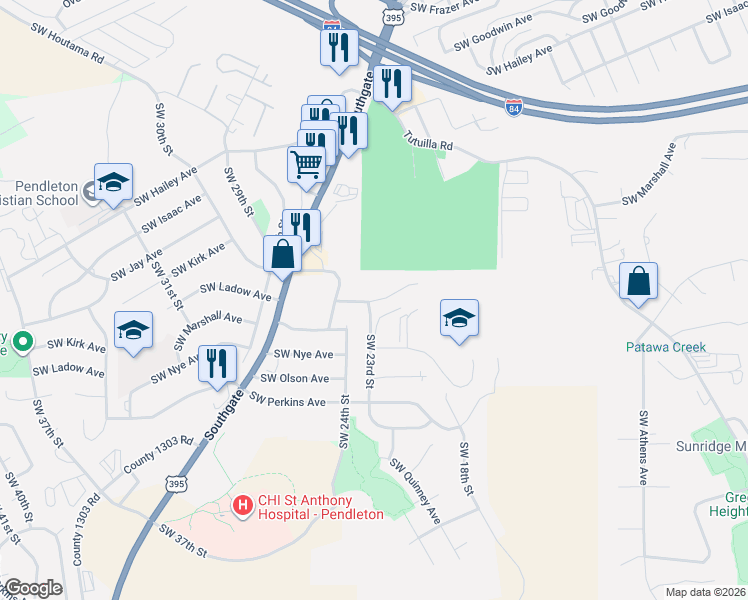 map of restaurants, bars, coffee shops, grocery stores, and more near 2303 Southwest Ladow Avenue in Pendleton