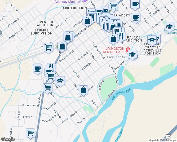 map of restaurants, bars, coffee shops, grocery stores, and more near 318 South 6th Street in Livingston