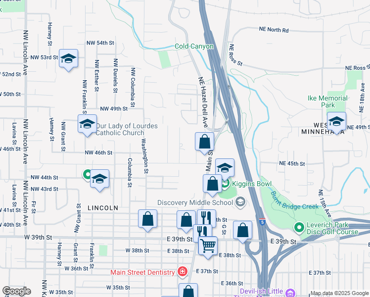 map of restaurants, bars, coffee shops, grocery stores, and more near 4521 Northeast Creston Avenue in Vancouver