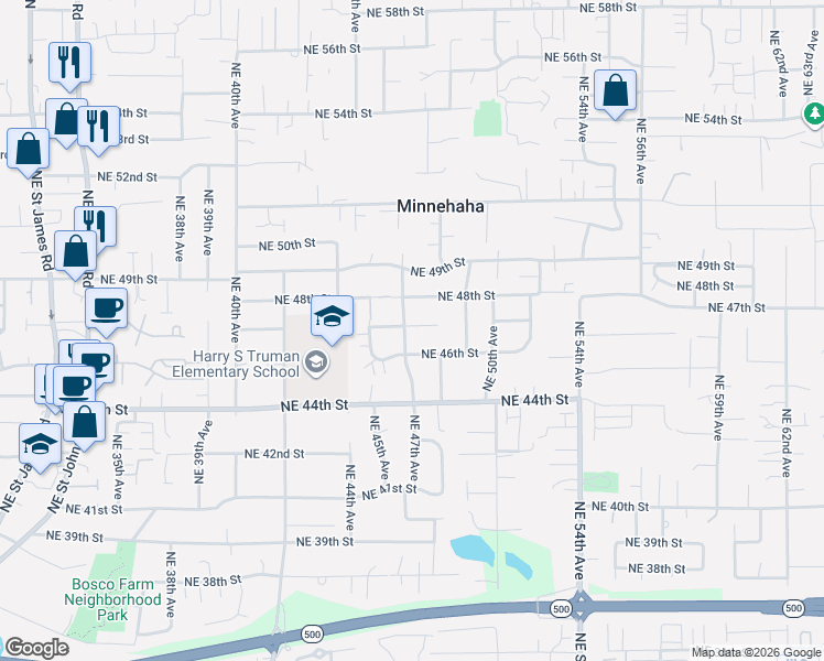 map of restaurants, bars, coffee shops, grocery stores, and more near 4701 Northeast 47th Circle in Vancouver