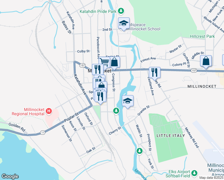 map of restaurants, bars, coffee shops, grocery stores, and more near 156 Congress Street in Millinocket
