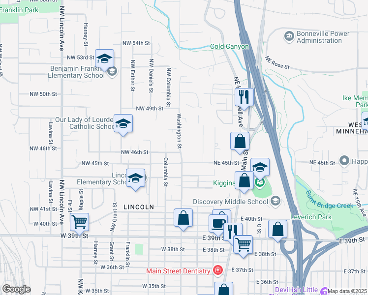 map of restaurants, bars, coffee shops, grocery stores, and more near 4611 Northwest Washington Street in Vancouver