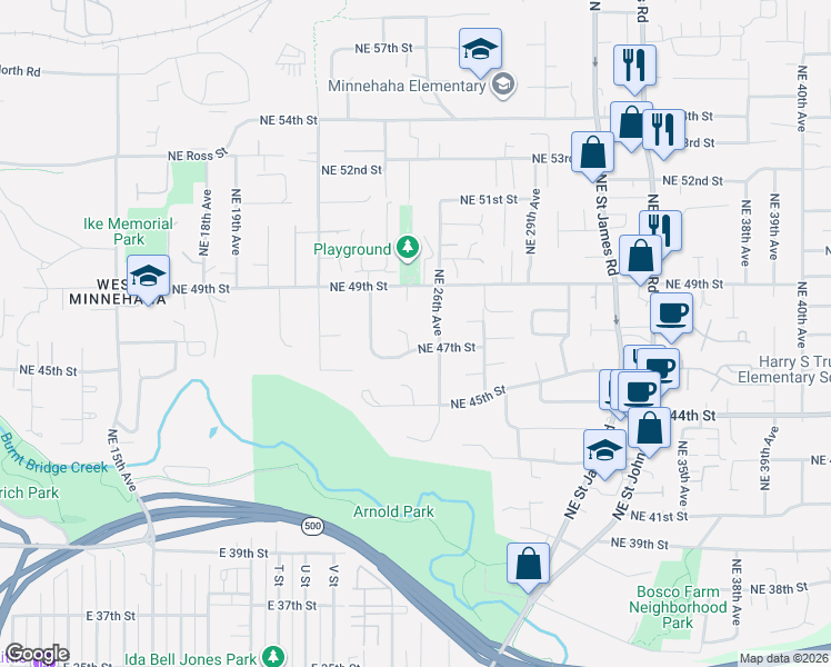 map of restaurants, bars, coffee shops, grocery stores, and more near 4615 Northeast 25th Court in Vancouver