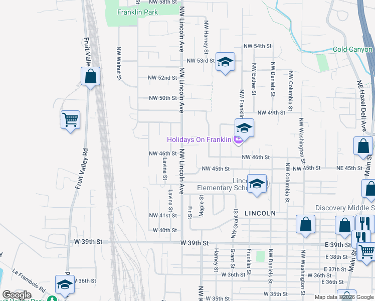 map of restaurants, bars, coffee shops, grocery stores, and more near 4601 Northwest Lincoln Avenue in Vancouver