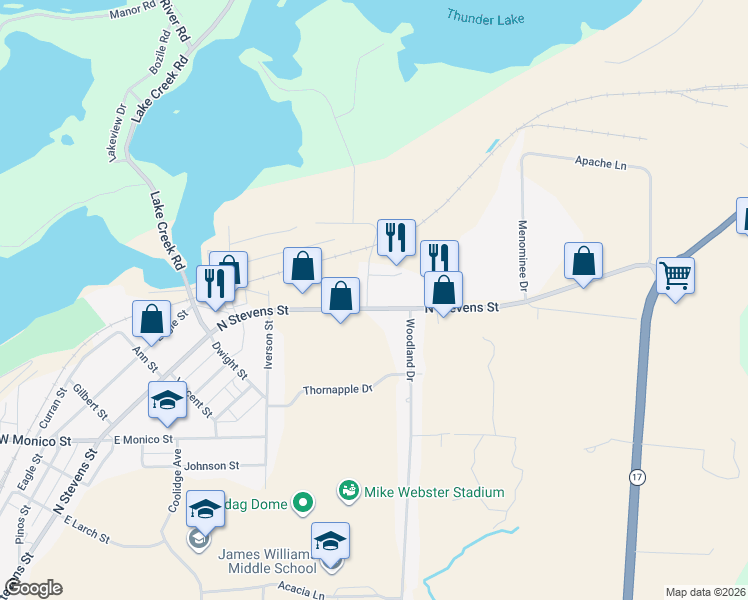 map of restaurants, bars, coffee shops, grocery stores, and more near 1823 North Stevens Street in Rhinelander