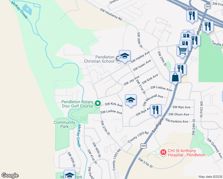 map of restaurants, bars, coffee shops, grocery stores, and more near 3218 Southwest Isaac Avenue in Pendleton