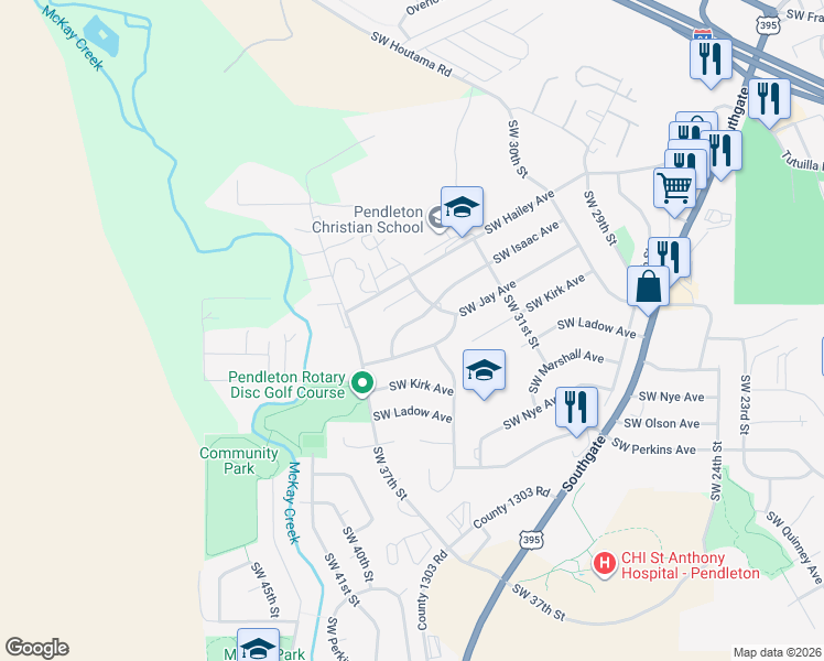 map of restaurants, bars, coffee shops, grocery stores, and more near 3218 Southwest Isaac Avenue in Pendleton