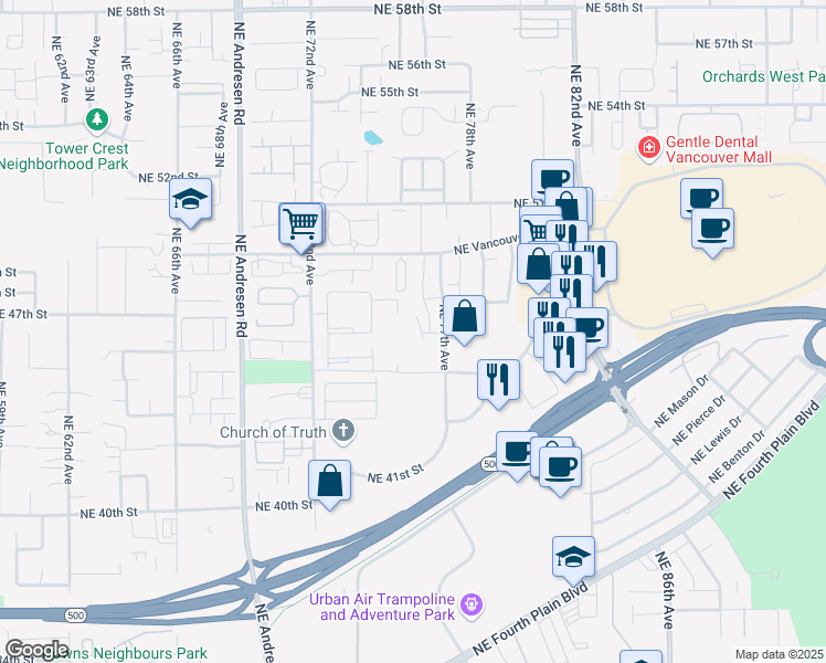 map of restaurants, bars, coffee shops, grocery stores, and more near 4610 Northeast 77th Avenue in Vancouver