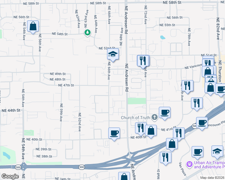 map of restaurants, bars, coffee shops, grocery stores, and more near 4555 Northeast 66th Avenue in Vancouver