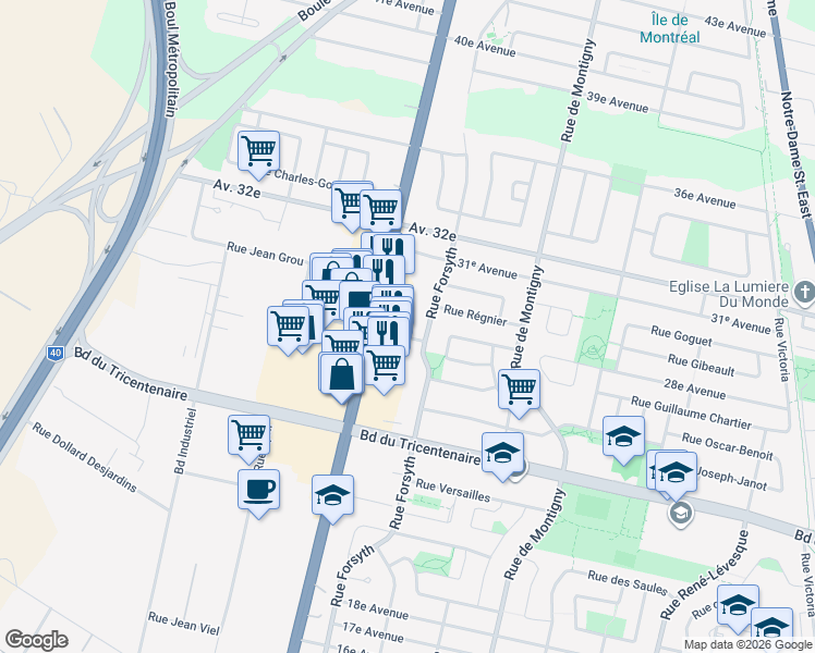 map of restaurants, bars, coffee shops, grocery stores, and more near 2025 Rue Robert-Chevalier in Montréal