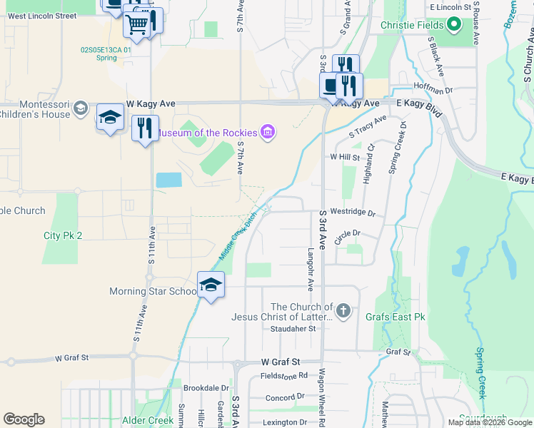 map of restaurants, bars, coffee shops, grocery stores, and more near 1364 Westridge Drive in Bozeman