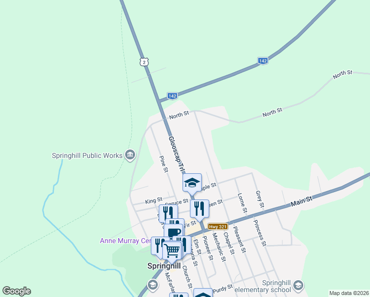 map of restaurants, bars, coffee shops, grocery stores, and more near 55 Junction Road in Springhill