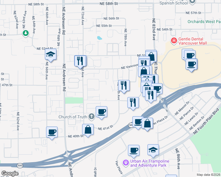 map of restaurants, bars, coffee shops, grocery stores, and more near 7609 Northeast Vancouver Mall Drive in Vancouver