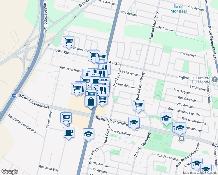 map of restaurants, bars, coffee shops, grocery stores, and more near 2025 Rue Robert-Chevalier in Montréal