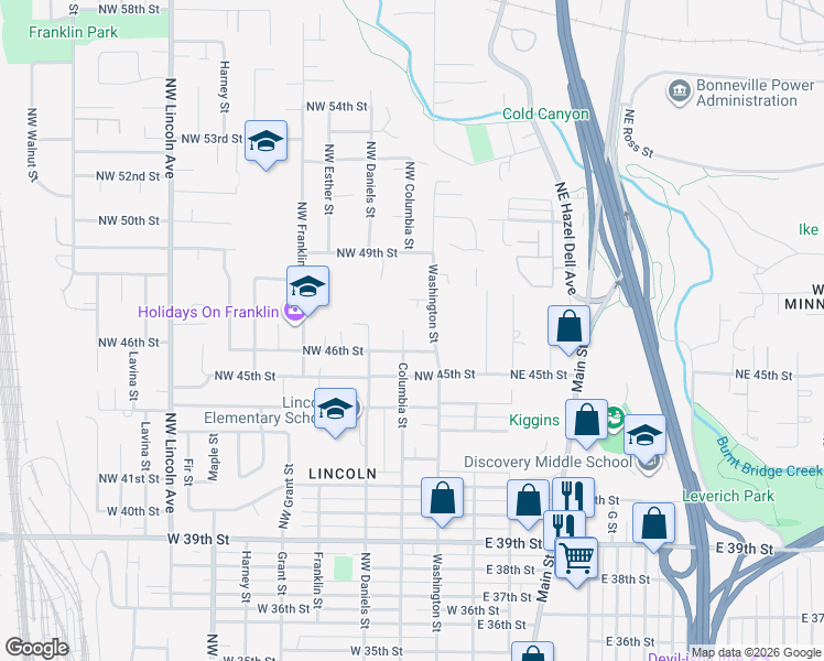 map of restaurants, bars, coffee shops, grocery stores, and more near 5521 Columbia Street in Vancouver