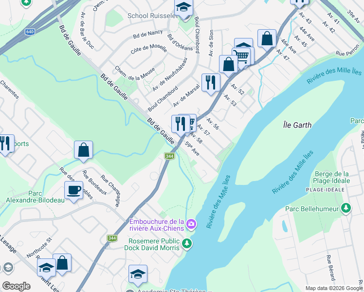 map of restaurants, bars, coffee shops, grocery stores, and more near Boulevard de Gaulle in Lorraine