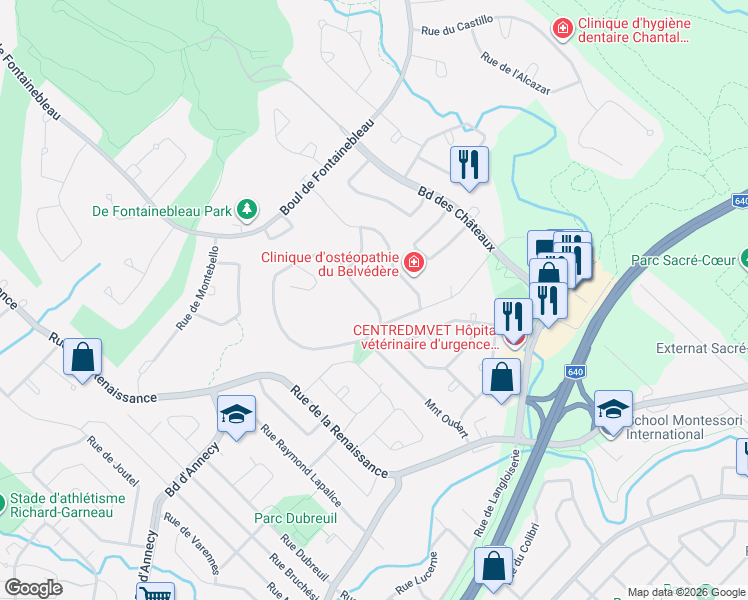 map of restaurants, bars, coffee shops, grocery stores, and more near 3 Rue Marcel Giguère in Blainville