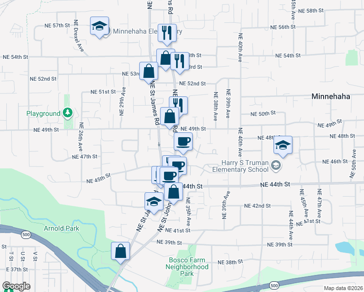 map of restaurants, bars, coffee shops, grocery stores, and more near 4613 Northeast Saint Johns Road in Vancouver