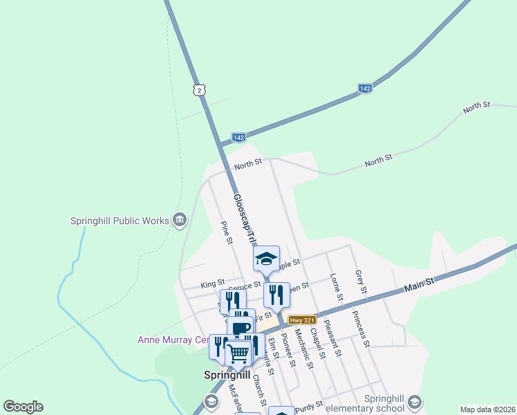 map of restaurants, bars, coffee shops, grocery stores, and more near 55 Junction Road in Springhill