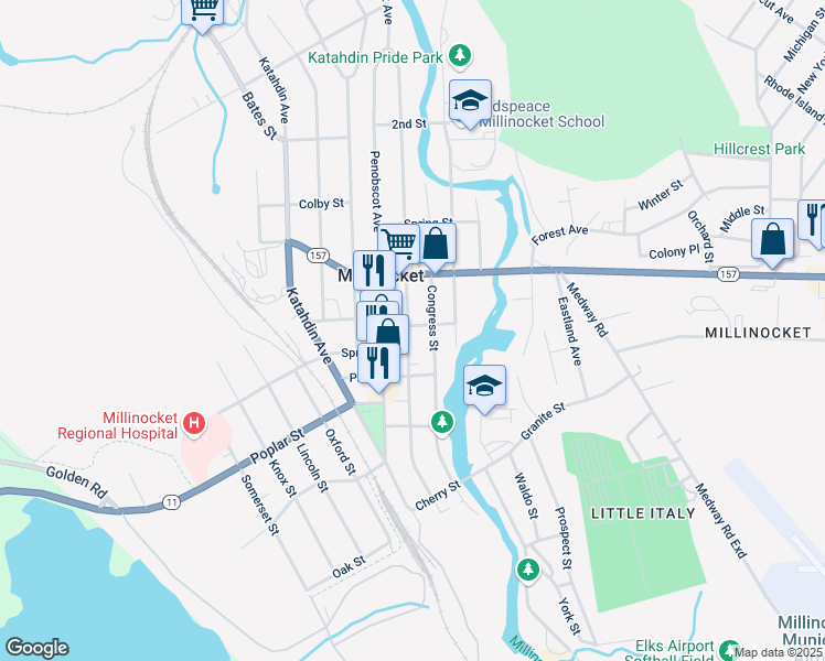 map of restaurants, bars, coffee shops, grocery stores, and more near 156 Congress Street in Millinocket