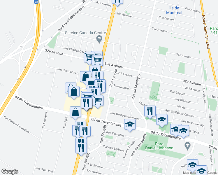 map of restaurants, bars, coffee shops, grocery stores, and more near 13061 Rue Forsyth in Montréal