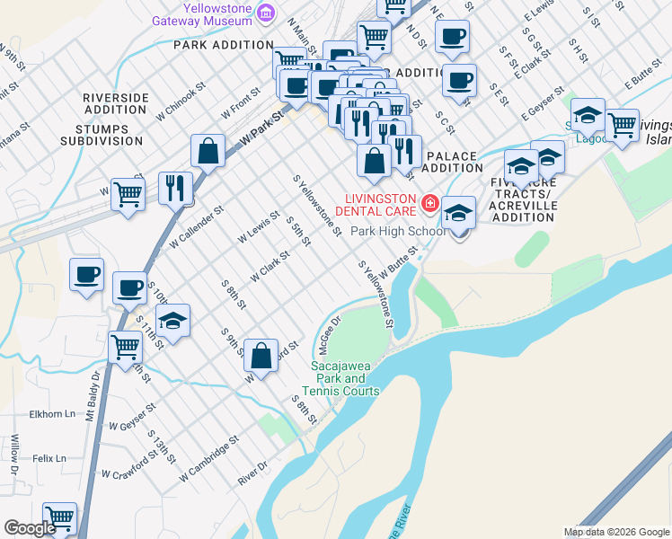 map of restaurants, bars, coffee shops, grocery stores, and more near 415 South 5th Street in Livingston