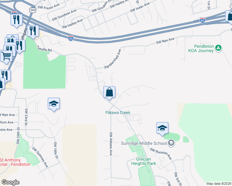 map of restaurants, bars, coffee shops, grocery stores, and more near 1203 Southwest Nye Avenue in Pendleton