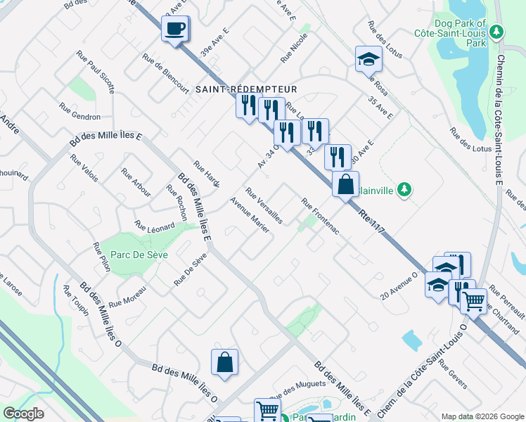 map of restaurants, bars, coffee shops, grocery stores, and more near Rue de Versailles in Sainte-Anne-des-Plaines