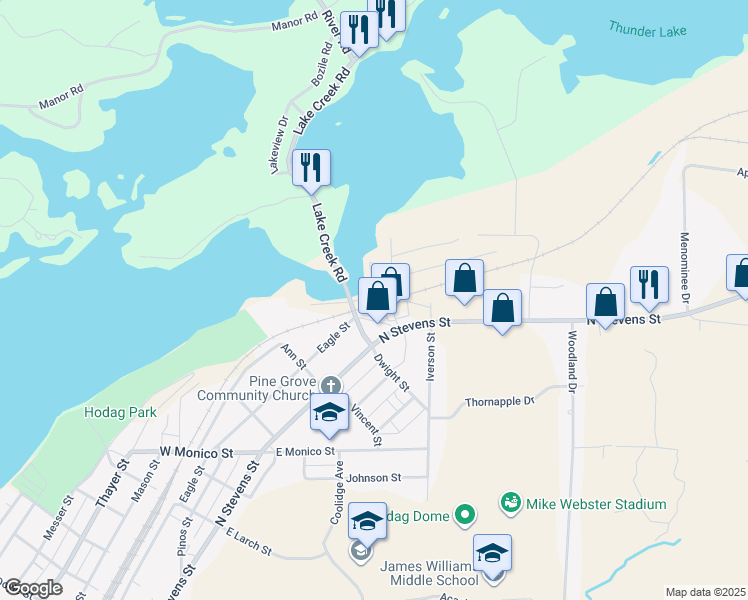 map of restaurants, bars, coffee shops, grocery stores, and more near 1505 North Stevens Street in Rhinelander