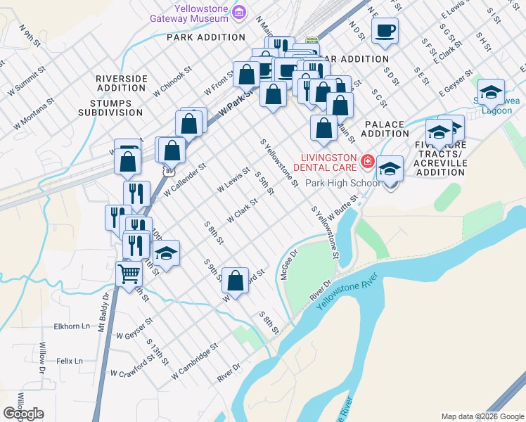 map of restaurants, bars, coffee shops, grocery stores, and more near 318 South 6th Street in Livingston