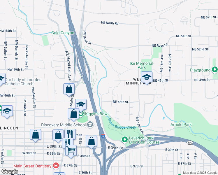 map of restaurants, bars, coffee shops, grocery stores, and more near 4705 Northeast Leverich Court in Vancouver