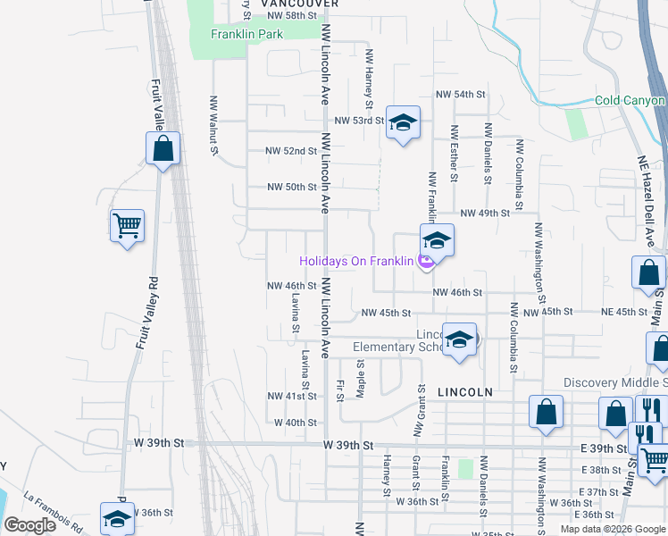 map of restaurants, bars, coffee shops, grocery stores, and more near 4601 Northwest Lincoln Avenue in Vancouver