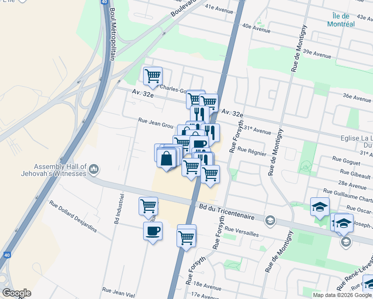 map of restaurants, bars, coffee shops, grocery stores, and more near 3455 Rue Robert-Chevalier in Montréal