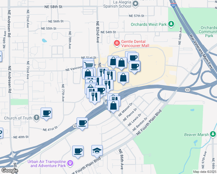 map of restaurants, bars, coffee shops, grocery stores, and more near 8301 Northeast Vancouver Mall Drive in Vancouver