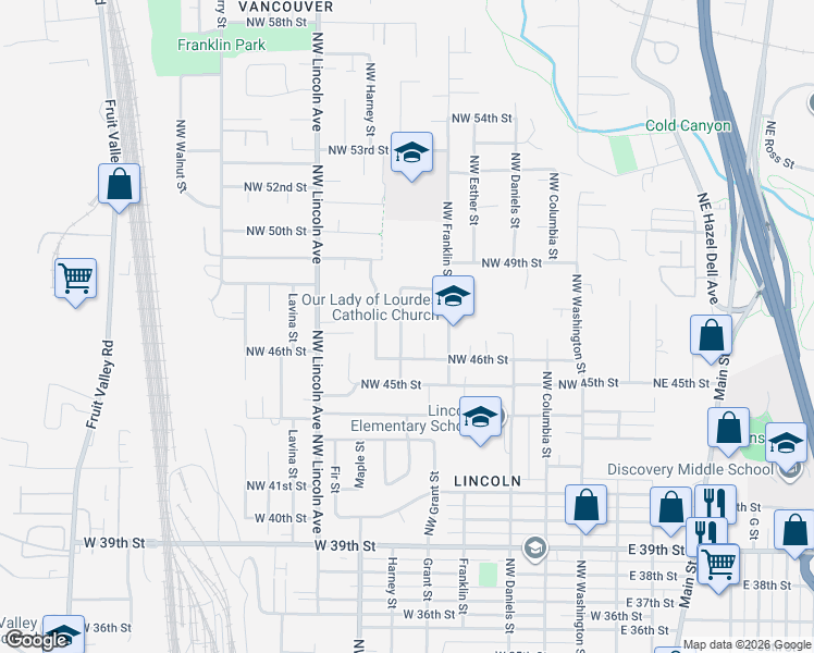 map of restaurants, bars, coffee shops, grocery stores, and more near 4619 Northwest Grant Street in Vancouver
