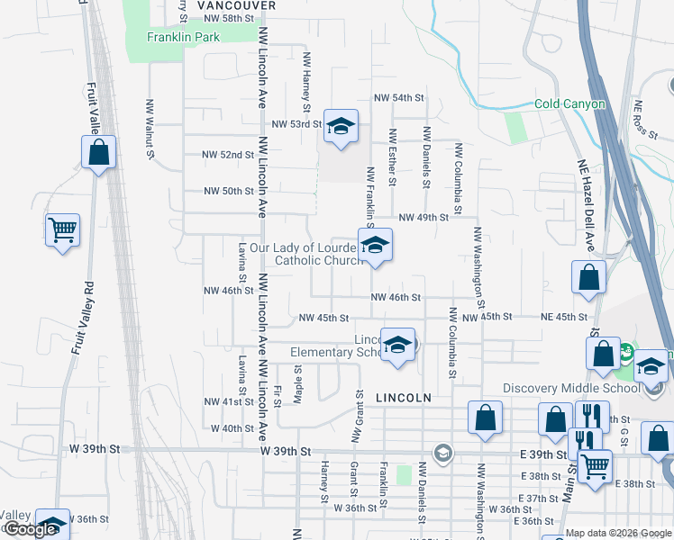 map of restaurants, bars, coffee shops, grocery stores, and more near 4619 Northwest Grant Street in Vancouver