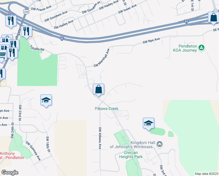map of restaurants, bars, coffee shops, grocery stores, and more near 1203 Southwest Nye Avenue in Pendleton